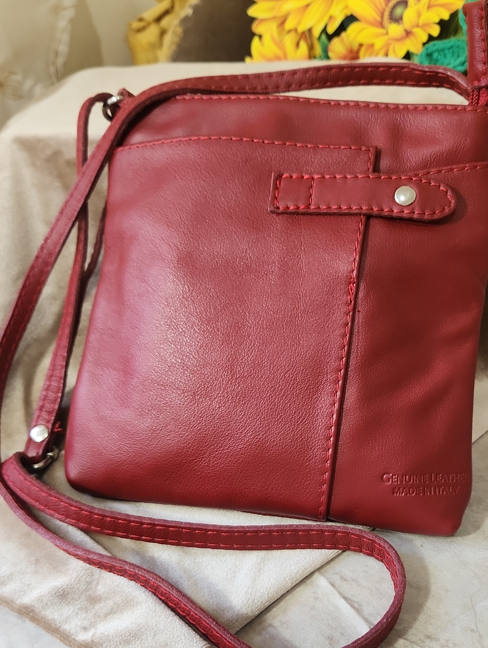 Genuine Italian Made Leather Red Crossbody Bag - Sleek Everyday Shoulder Bag